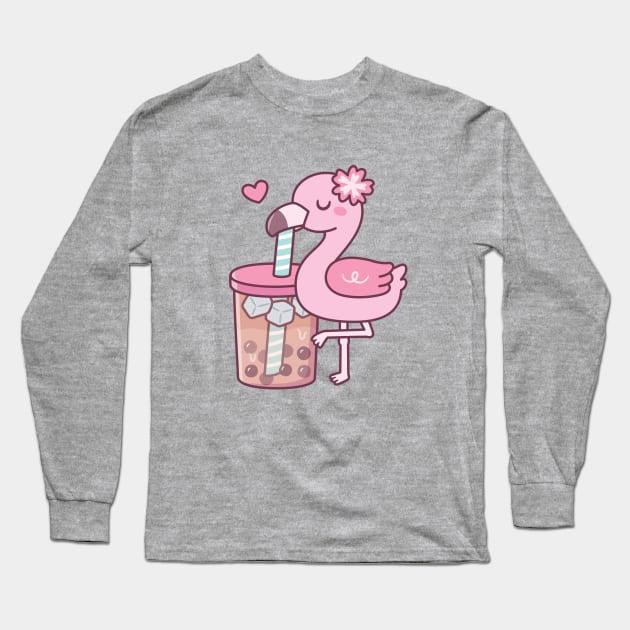 Cute Flamingo Loves Bubble Tea Long Sleeve T-Shirt by rustydoodle